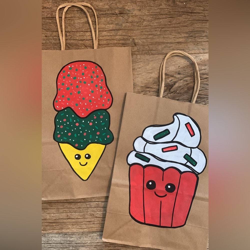 Two Handmade Hand Painted Gift Bags - Treat - Kawaii Christmas Valentines